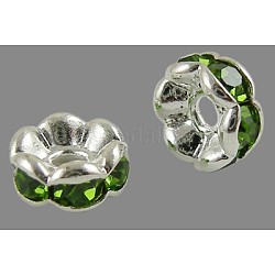 Abalorios de latón Diamante de imitación espaciador, aaa grado, borde ondulado, sin níquel, color plateado, rerondana plana, peridoto, 6x3mm, agujero: 1 mm