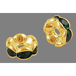 Perline distanziatori strass in ottone, grado a, bordo ondulato, colore metallico oro, rondelle, smeraldo, 6x3mm, Foro: 1 mm