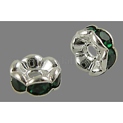 Perles séparateurs en laiton avec strass, Grade a, bord ondulé, couleur argentée, rondelle, émeraude, 6x3mm, Trou: 1mm