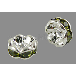 Perles séparateurs en laiton avec strass, grade AAA, bord ondulé, sans nickel, de couleur métal argent, rondelle, olivine, 6x3mm, Trou: 1mm