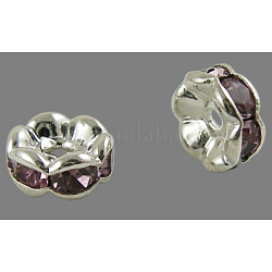 Perles séparateurs en laiton avec strass, grade AAA, bord ondulé, sans nickel, de couleur métal argent, rondelle, améthyste claire, 6x3mm, Trou: 1mm
