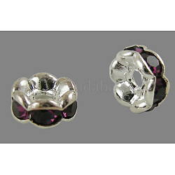 Brass Rhinestone Spacer Beads, Grade AAA, Wavy Edge, Nickel Free, Silver Color Plated, Rondelle, Amethyst, 6x3mm, Hole: 1mm