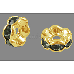 Abalorios de latón Diamante de imitación espaciador, Grado A, borde ondulado, color metal dorado, rerondana plana, diamante negro, 6x3mm, agujero: 1 mm