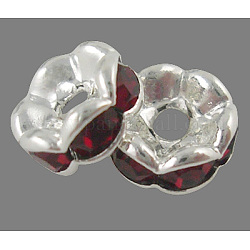 Brass Rhinestone Spacer Beads, Grade AAA, Wavy Edge, Nickel Free, Silver Metal Color, Rondelle, Siam, 6x3mm, Hole: 1mm