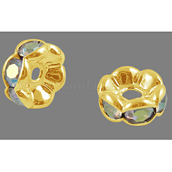 Brass Rhinestone Spacer Beads, Grade A, Wavy Edge, Golden Metal Color, Rondelle, Crystal AB, 6x3mm, Hole: 1mm