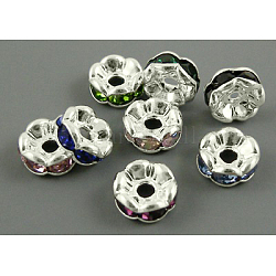 Brass Rhinestone Spacer Beads, Grade A, Wavy Edge, Silver Color Plated, Rondelle, Mixed Color, 6x3mm, Hole: 1mm