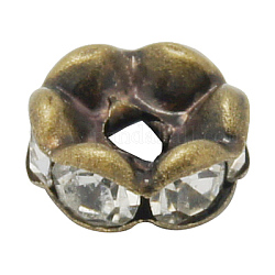 Abalorios de latón Diamante de imitación espaciador, aaa grado, borde ondulado, sin níquel, color de metal bronce antiguo, rerondana plana, cristal, 7x3.2mm, agujero: 1.2 mm