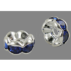 Perline distanziatori strass in ottone, grado a, bordo ondulato, colore argento placcato, rondelle, zaffiro, 7x3.2mm, Foro: 1 mm
