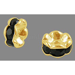 Brass Rhinestone Spacer Beads, Grade A, Wavy Edge, Golden Metal Color, Rondelle, Jet, 8x3.8mm, Hole: 1mm