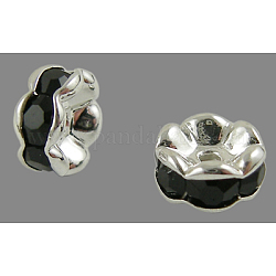 Perles séparateurs en laiton avec strass, grade AAA, bord ondulé, sans nickel, couleur argentée, rondelle, jet, 8x3.8mm, Trou: 1.5mm