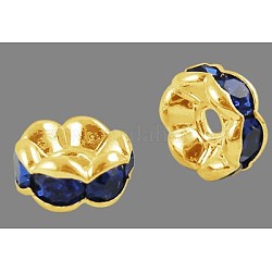 Perline distanziatori strass in ottone, grado a, bordo ondulato, colore metallico oro, rondelle, zaffiro, 8x3.8mm, Foro: 1 mm