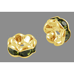 Perline distanziatori strass in ottone, grado a, bordo ondulato, colore metallico oro, rondelle, olivina, 8x3.8mm, Foro: 1 mm