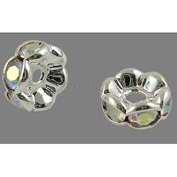Brass Rhinestone Spacer Beads, Grade AAA, Wavy Edge, Nickel Free, Silver Color Plated, Rondelle, Crystal AB, 8x3.8mm, Hole: 1.5mm