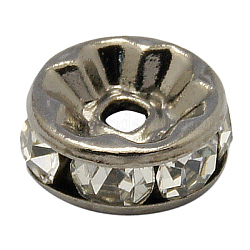Abalorios de latón Diamante de imitación espaciador, Grado A, brida recta, gunmetal, rerondana plana, cristal, 10x4mm, agujero: 2 mm