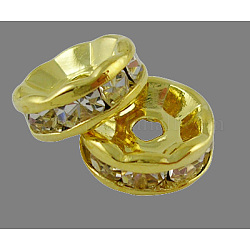 Abalorios de latón Diamante de imitación espaciador, Grado A, brida recta, color metal dorado, rerondana plana, cristal, 12x4mm, agujero: 2.5 mm