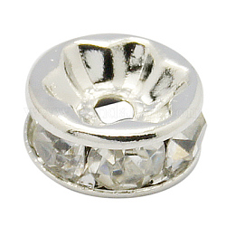 Abalorios de latón Diamante de imitación espaciador, Grado A, brida recta, color plateado, rerondana plana, cristal, 12x4mm, agujero: 2.5 mm