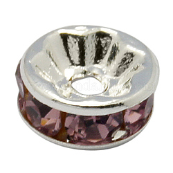 Perles séparateurs en laiton avec strass, grade AAA, bride droite, sans nickel, couleur argentée, rondelle, améthyste claire, 5x2.5mm, Trou: 1mm