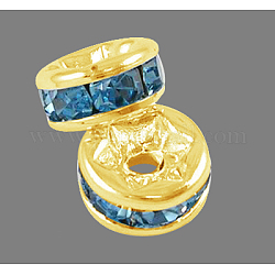 Abalorios de latón Diamante de imitación espaciador, Grado A, brida recta, color metal dorado, rerondana plana, aguamarina, 6x3mm, agujero: 1 mm