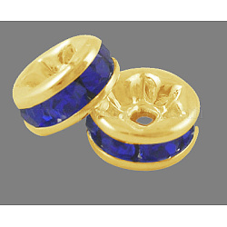 Perline distanziatori strass in ottone, grado a, flangia diritta, colore metallico oro, rondelle, zaffiro, 6x3mm, Foro: 1 mm
