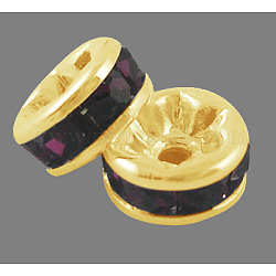 Perline distanziatori strass in ottone, grado a, flangia diritta, colore metallico oro, rondelle, ametista, 6x3mm, Foro: 1 mm