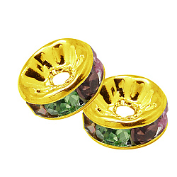 Perline distanziatori strass in ottone, grado a, flangia diritta, colore metallico oro, rondelle, colorato, 6x3mm, Foro: 1 mm
