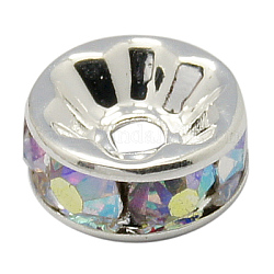Abalorios de latón Diamante de imitación espaciador, Grado A, brida recta, color plateado, rerondana plana, crystal ab, 7x3.2mm, agujero: 1.2 mm