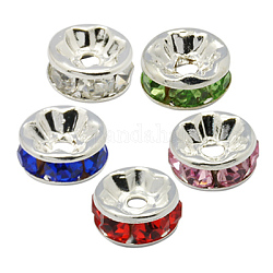 Brass Rhinestone Spacer Beads, Grade A, Straight Flange, Silver Color Plated, Rondelle, Mixed Color, 7x3.2mm, Hole: 1.2mm