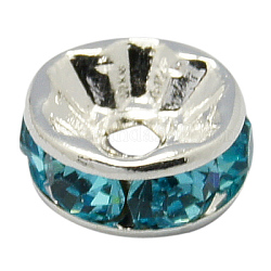 Abalorios de latón Diamante de imitación espaciador, Grado A, brida recta, color plateado, rerondana plana, aguamarina, 8x3.8 mm agujero: 1.5 mm