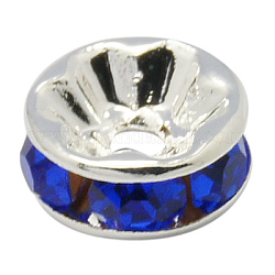 Perles séparateurs en laiton avec strass, Grade a, bride droite, couleur argentée, rondelle, saphir, trou 8x3.8 mm : 1.5 mm