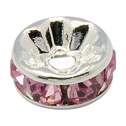Perles séparateurs en laiton avec strass, grade AAA, bride droite, sans nickel, couleur argentée, rondelle, rose clair, 8x3.8mm, Trou: 1.5mm