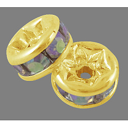 Abalorios de latón Diamante de imitación espaciador, Grado A, brida recta, color metal dorado, rerondana plana, crystal ab, 8x3.8mm, agujero: 1.5 mm
