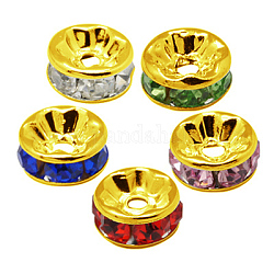 Brass Rhinestone Spacer Beads, Grade A, Straight Flange, Golden Metal Color, Rondelle, Mixed Color, 8x3.8mm, Hole: 1.5mm