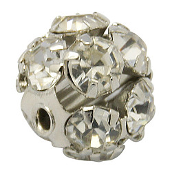 Латунные бусины со стразами , с железным одноядерным, класс А, Платиновый металл, круглые, кристалл, 10 мм диаметром, отверстие : 1 мм
