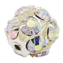 Messing Legierung Strass Perlen, mit Eiseneinkern, Klasse A, silberfarben plattiert, Runde, Kristall ab, 10 mm in Durchmesser, Bohrung: 1 mm