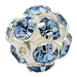 Messing Legierung Strass Perlen, mit Eiseneinkern, Klasse A, silberfarben plattiert, Runde, Licht Saphir, 6 mm in Durchmesser, Bohrung: 1 mm