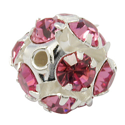 Messing Legierung Strass Perlen, mit Eiseneinkern, Klasse A, silberfarben plattiert, Runde, Rose, 6 mm in Durchmesser, Bohrung: 1 mm