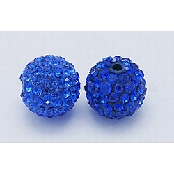 Perles de strass de grade A, Perles de boule pavé disco , résine et de kaolin, ronde, bleu, pp11 (1.7~1.8mm), 12mm, Trou: 1.5mm