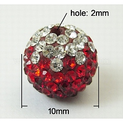 Abalorios del rhinestone oriente medio, con arcilla polimérica, pavé reronda abalorios bola de discoteca, rojo, tamaño: aproximamente 10 mm de diámetro, agujero: 2 mm, rhinestone: pp13 (1.9~2 mm).