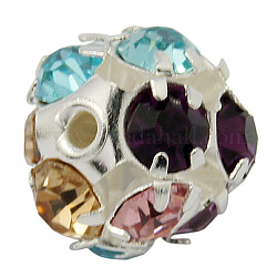 Brass Rhinestone Beads, Grade A, Silver Color Plated, Colorful, Size: about 8mm in diameter, hole: 1mm