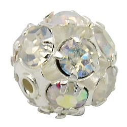 Messing Legierung Strass Perlen, Klasse A, Runde, silberfarben plattiert, AB Farbe, klar ab, Größe: ca. 10mm Durchmesser, Bohrung: 1 mm