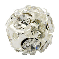 Messing Legierung Strass Perlen, Klasse A, Runde, silberfarben plattiert, Transparent, Größe: ca. 10mm Durchmesser, Bohrung: 1 mm