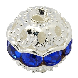Perles en laiton de strass, Grade a, ronde, couleur argentée, bleu foncé, taille: environ 10mm de diamètre, Trou: 1.2mm