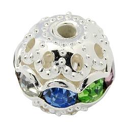 Brass Rhinestone Beads, Grade A, Round, Silver Color Plated, Colorful, Size: about 10mm in diameter, hole: 1.2mm