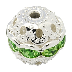 Perline strass in Ottone, grado a, tondo, colore argento placcato, verde, misura:circa10mm di diametro, Foro: 1.2 mm