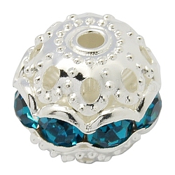 Messing Legierung Strass Perlen, Klasse A, Runde, silberfarben plattiert, Stahlblau, Größe: ca. 10mm Durchmesser, Bohrung: 1.2 mm