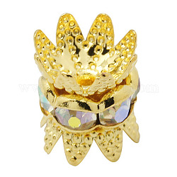 Brass Rhinestone Bead Caps, Cap Spacer, Flower, Golden Metal Color, AB Color, Clear AB, Size: about 8mm in diameter, 9mm thick, hole: 0.8mm