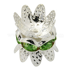 Brass Rhinestone Bead Caps, Cap Spacer, Flower, Silver Color Plated, Green, Size: about 8mm in diameter, 9mm thick, hole: 0.8mm