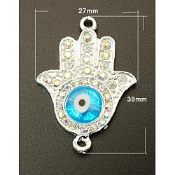 Rhinestone Hamsa Hand/Hand of Fatima/Hand of Miriam with Evil Eye, Alloy Base with Middle East Rhinestone, Nice for Hamsa Jewelry Making, Silver Color Plated, Crystal AB, 38x27x5mm, Hole: 2mm