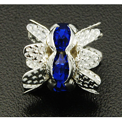 Brass Rhinestone Bead Caps, Cap Spacer, Silver Color Plated, Blue, Size: about 8mm in diameter, 9mm long, hole: 0.6mm