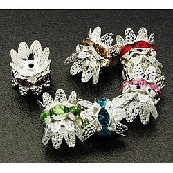 Brass Rhinestone Bead Caps, Cap Spacer, Silver Color Plated, Mixed Color, Size: about 8mm in diameter, 9mm long, hole: 0.6mm